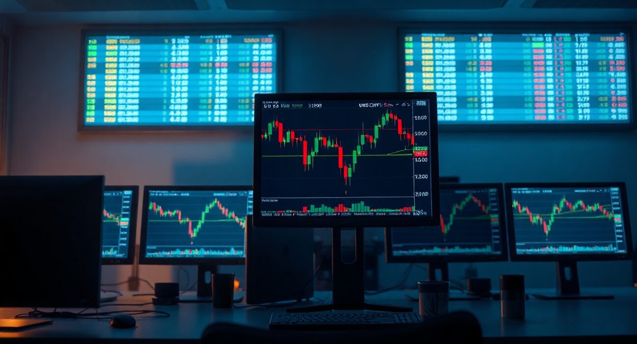 Forex trading desk monitors showing USD/CHF chart with rejection at 0.8100 level