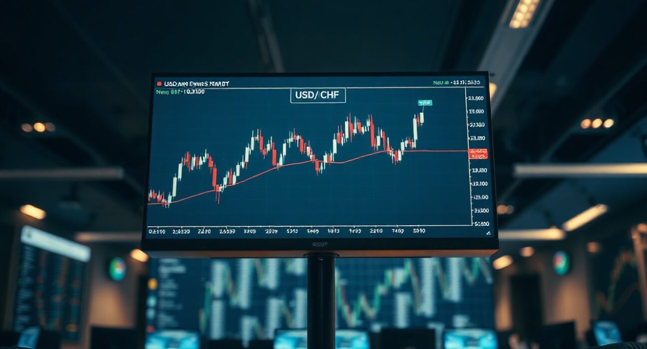 USD/CHF trading chart showing a head-and-shoulders pattern near the 0.8100 level on a monitor.
