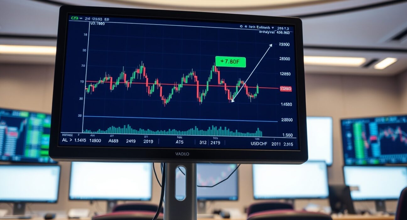 USD/CHF candlestick chart on a trading monitor showing price near 0.7800 level