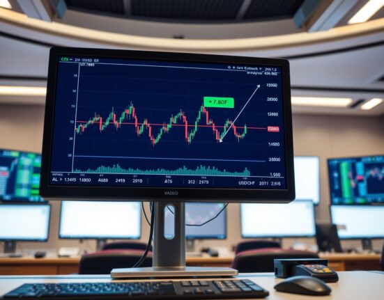 USD/CHF candlestick chart on a trading monitor showing price near 0.7800 level