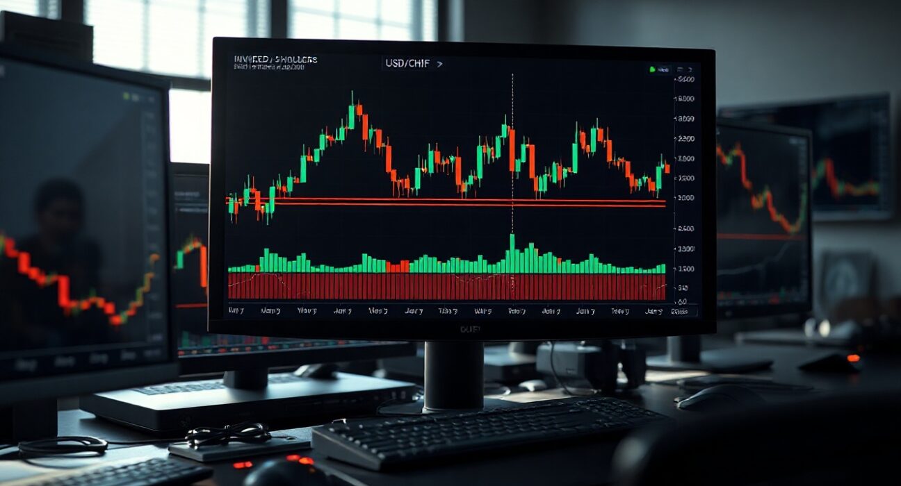 Trading desk monitor showing USD/CHF chart with inverted head and shoulders pattern