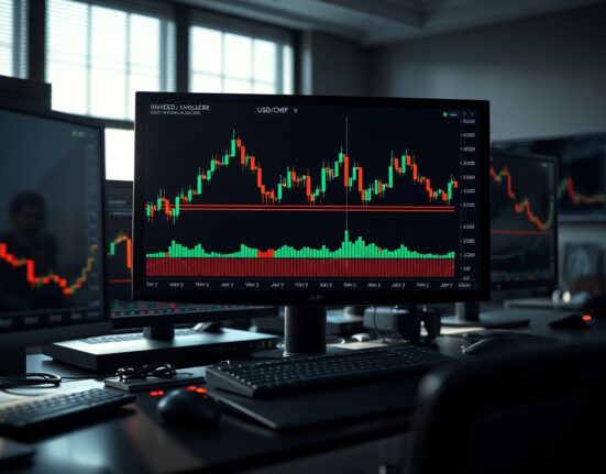 Trading desk monitor showing USD/CHF chart with inverted head and shoulders pattern