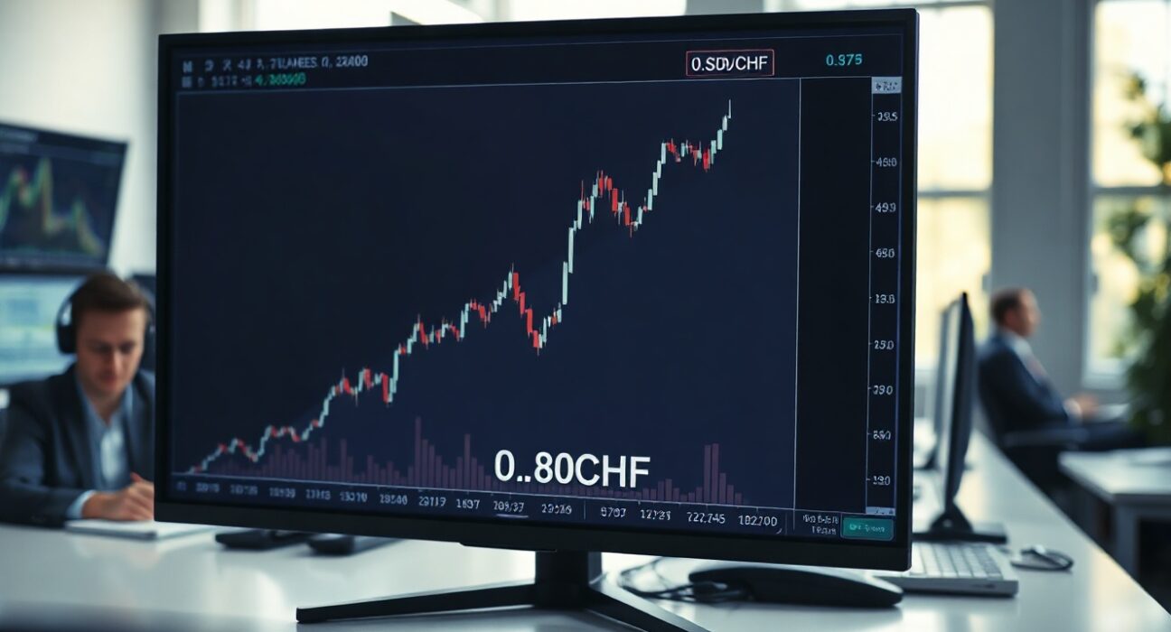 Financial trading screen showing USD/CHF forex chart with upward trend breaking above 0.8050 level