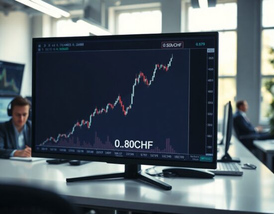 Financial trading screen showing USD/CHF forex chart with upward trend breaking above 0.8050 level