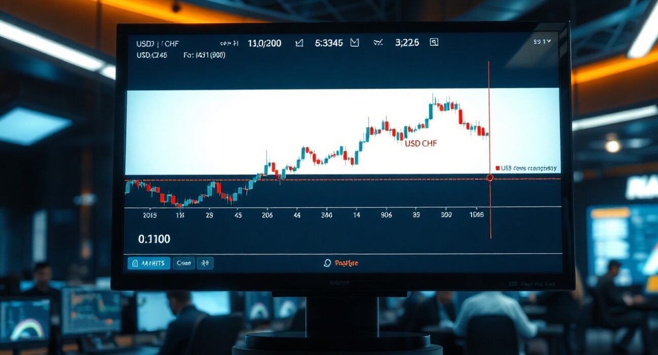 USD/CHF candlestick chart approaching 0.8100 resistance level on trading monitor