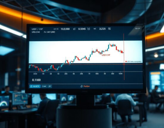 USD/CHF candlestick chart approaching 0.8100 resistance level on trading monitor