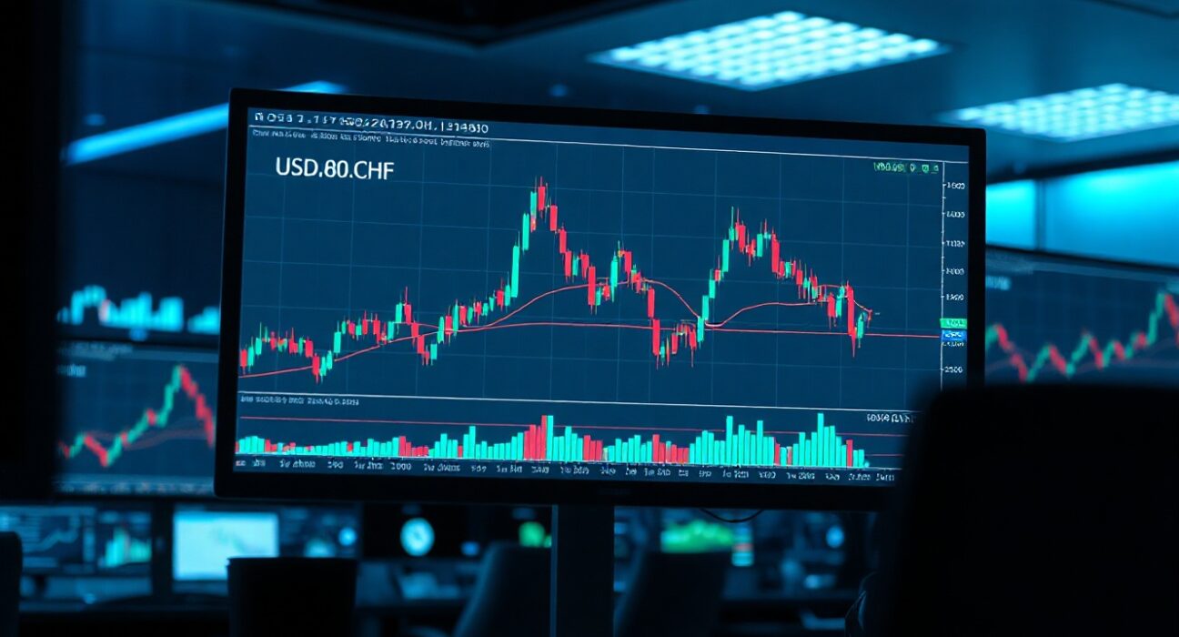 Forex trading desk with USD/CHF chart showing overbought conditions near 0.8100