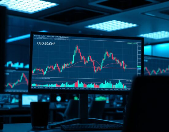 Forex trading desk with USD/CHF chart showing overbought conditions near 0.8100