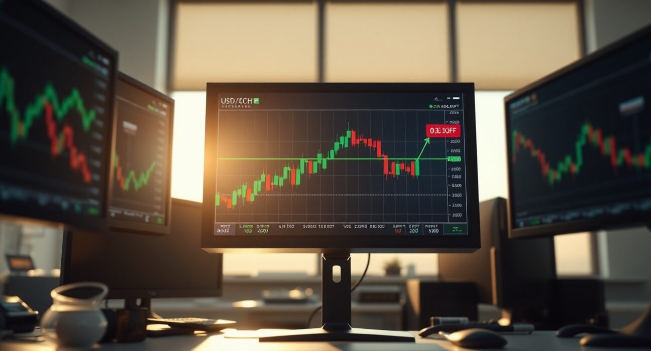Financial trading desk with monitors showing USD/CHF chart breaking above 0.8100 level
