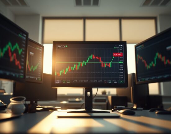 Financial trading desk with monitors showing USD/CHF chart breaking above 0.8100 level