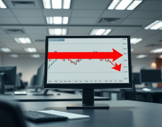 USD/CHF price forecast chart showing a break below the 50-day moving average on a trading desk monitor.