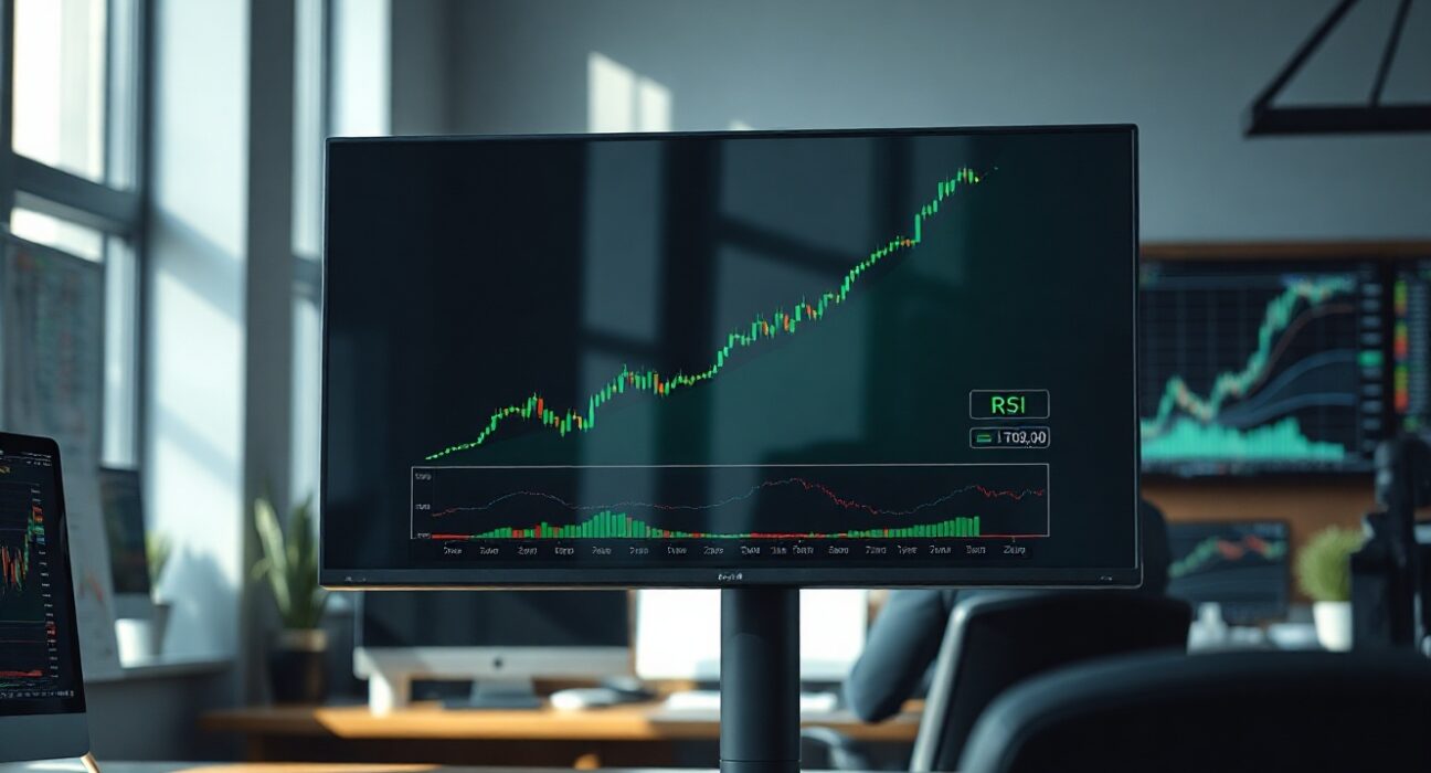 USD/CHF forex chart showing uptrend with RSI nearing overbought territory on a trading monitor