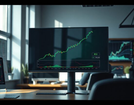 USD/CHF forex chart showing uptrend with RSI nearing overbought territory on a trading monitor