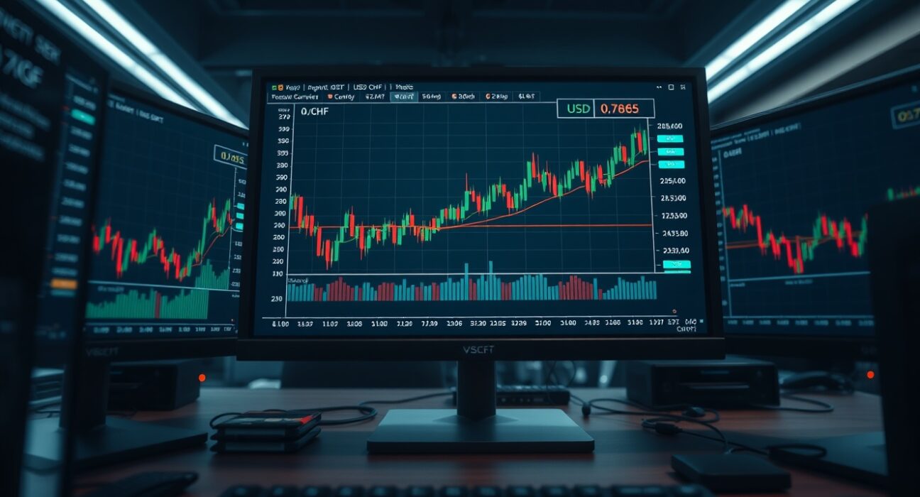 Financial trading monitors displaying USD/CHF forex chart with 0.7865 price level highlighted