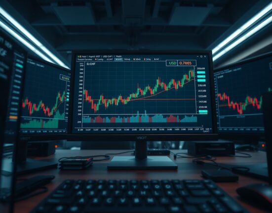 Financial trading monitors displaying USD/CHF forex chart with 0.7865 price level highlighted