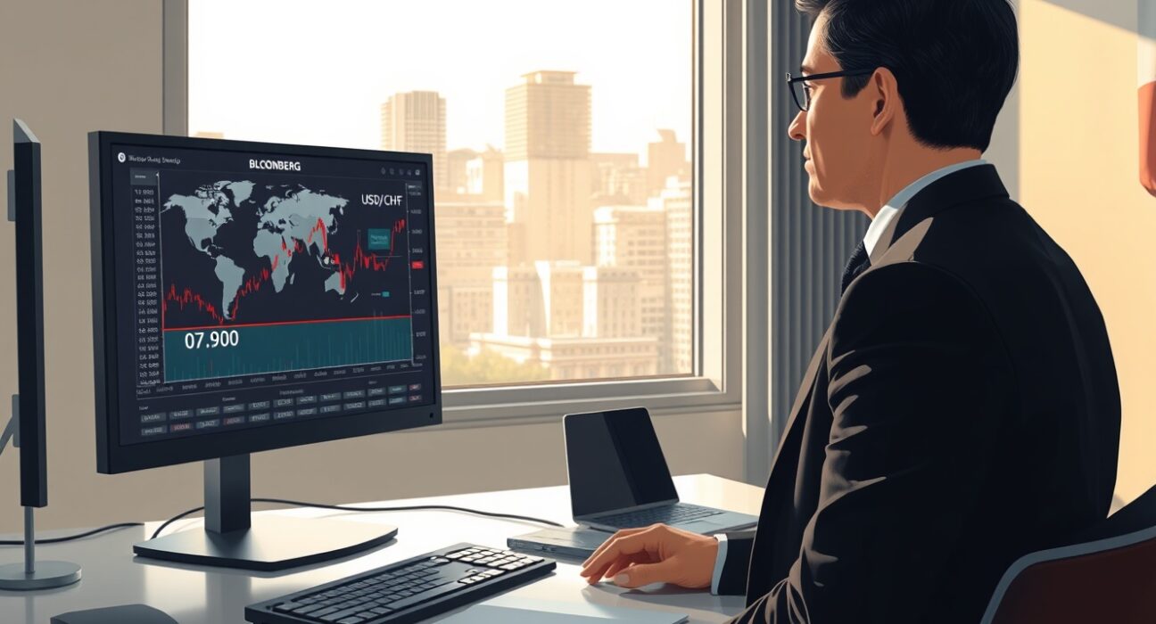 Financial analyst monitoring USD/CHF exchange rate amid Iran geopolitical developments affecting Swiss franc.