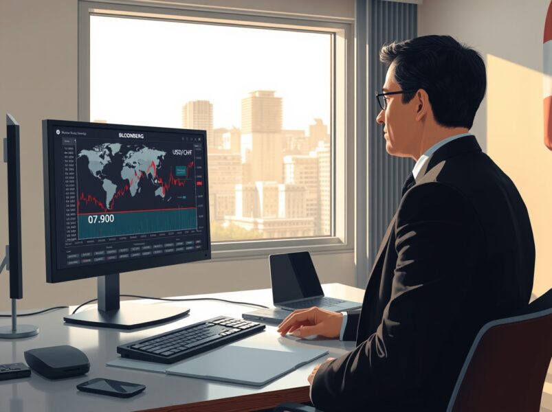 Financial analyst monitoring USD/CHF exchange rate amid Iran geopolitical developments affecting Swiss franc.