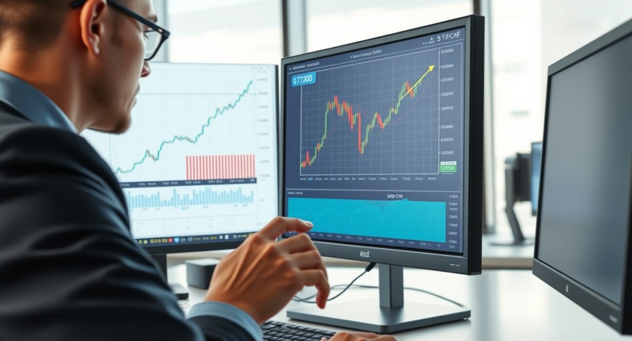 Trader analyzing USD/CHF forex chart as safe-haven demand boosts the US Dollar.