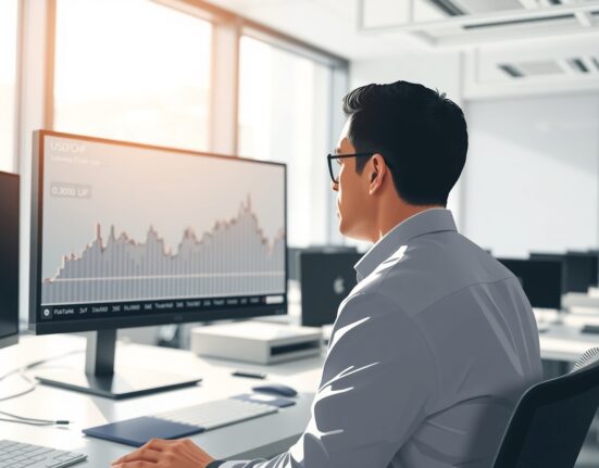 Trader in Zurich analyzes the USD/CHF currency pair rebounding on a financial market monitor.