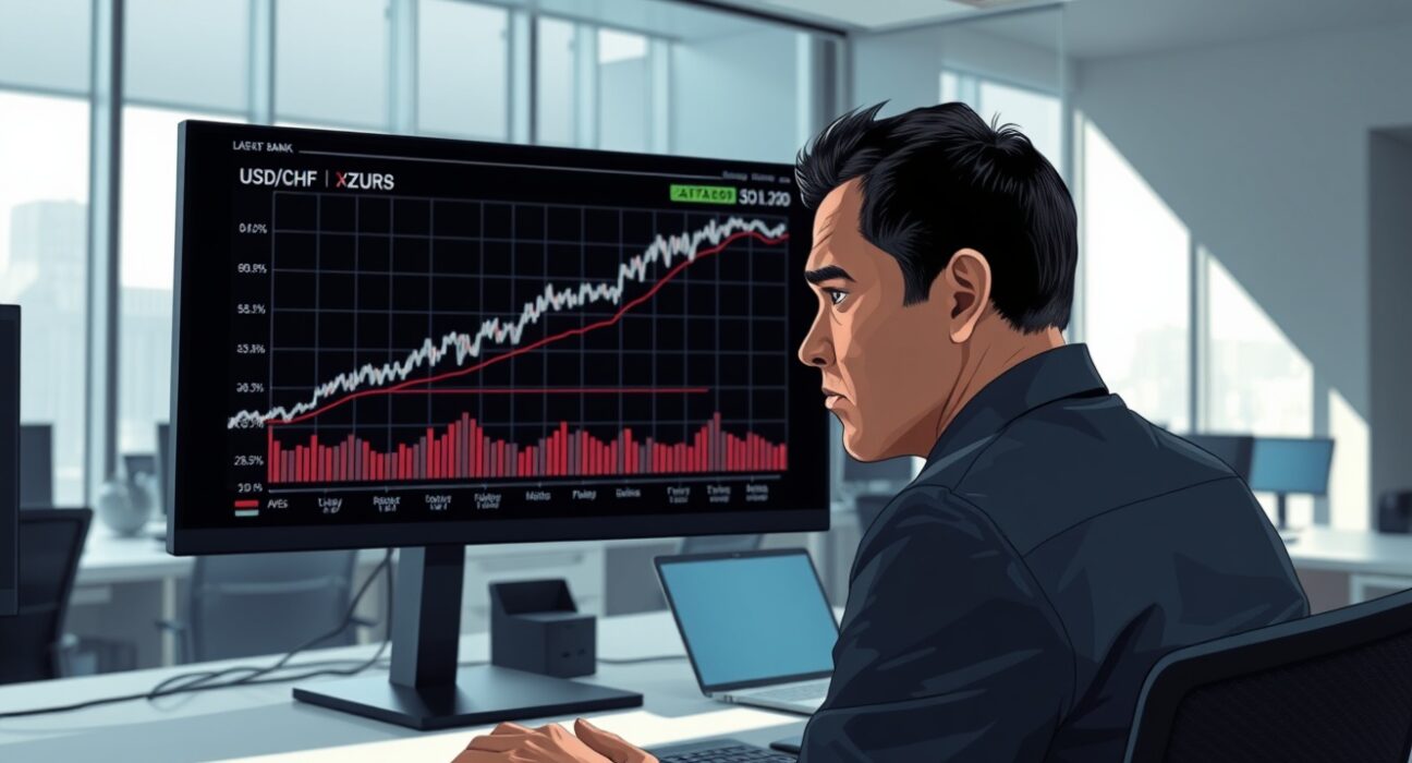 Trader in Zurich monitors USD/CHF forex chart rising amid Middle East geopolitical tensions.