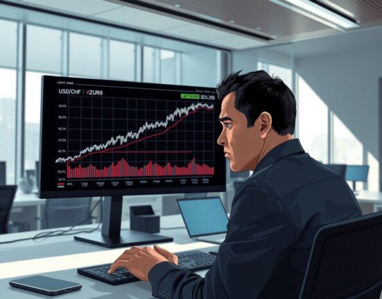 Trader in Zurich monitors USD/CHF forex chart rising amid Middle East geopolitical tensions.