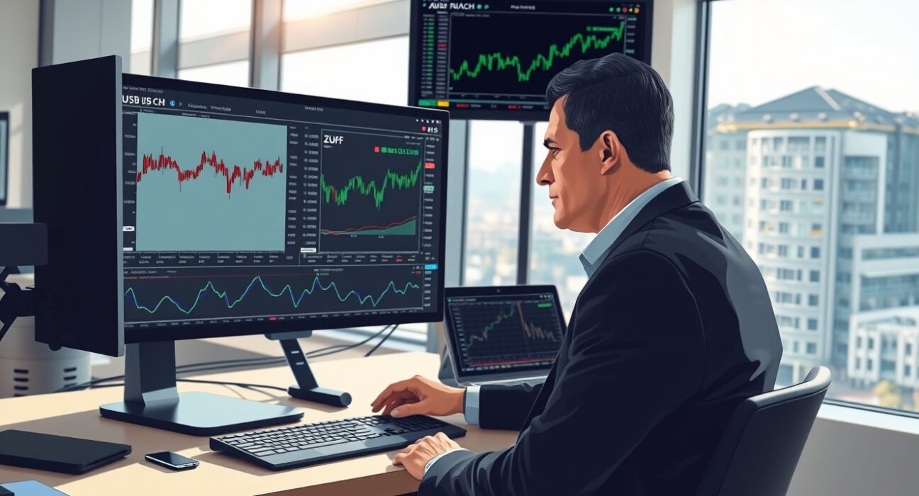 Professional forex trader analyzing USD/CHF exchange rate charts in Zurich financial district