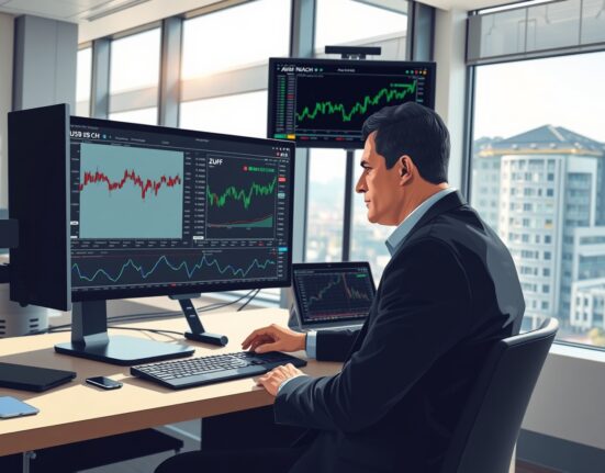 Professional forex trader analyzing USD/CHF exchange rate charts in Zurich financial district