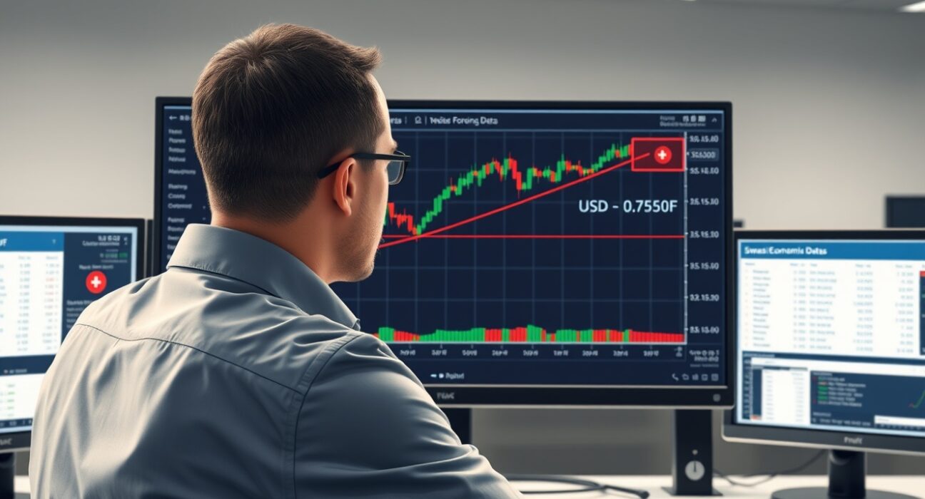 Trader analyzes USD/CHF forex chart showing rise above 0.7950 ahead of Swiss inflation data release.