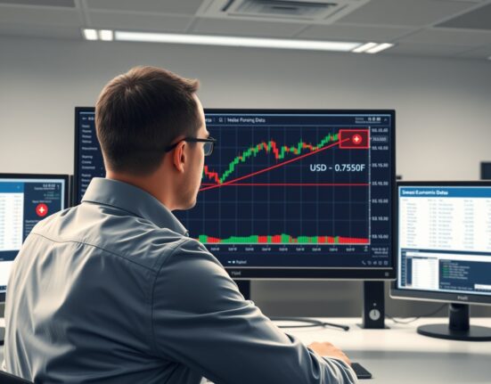 Trader analyzes USD/CHF forex chart showing rise above 0.7950 ahead of Swiss inflation data release.