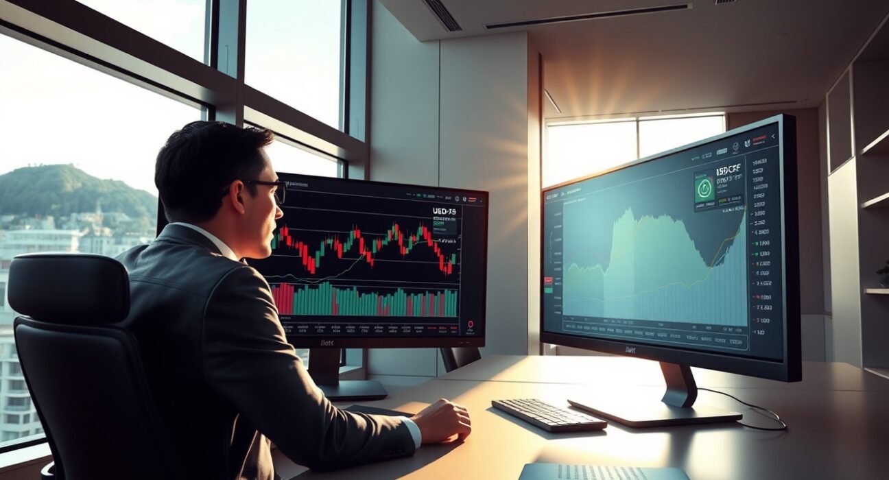 Trader analyzing USD/CHF forex pair amid Swiss National Bank intervention concerns