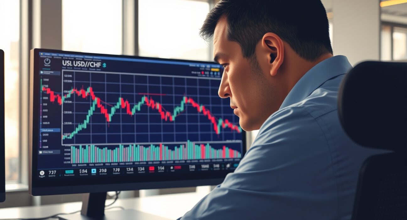 Analysis of USD/CHF forex pair sliding below 0.7930 on a trading desk monitor.