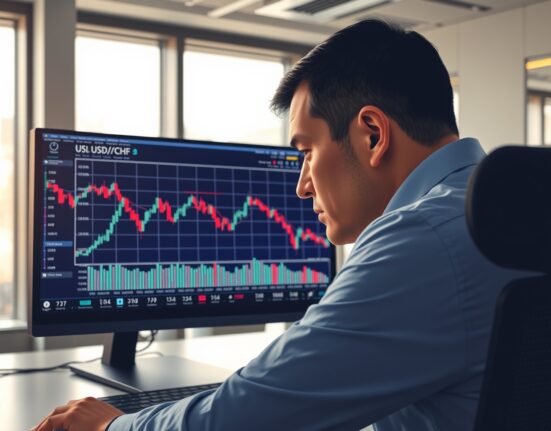 Analysis of USD/CHF forex pair sliding below 0.7930 on a trading desk monitor.