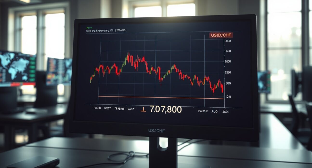 USD/CHF forex pair chart showing a sharp decline to 0.7800 on a trading desk monitor.