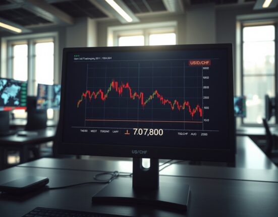 USD/CHF forex pair chart showing a sharp decline to 0.7800 on a trading desk monitor.