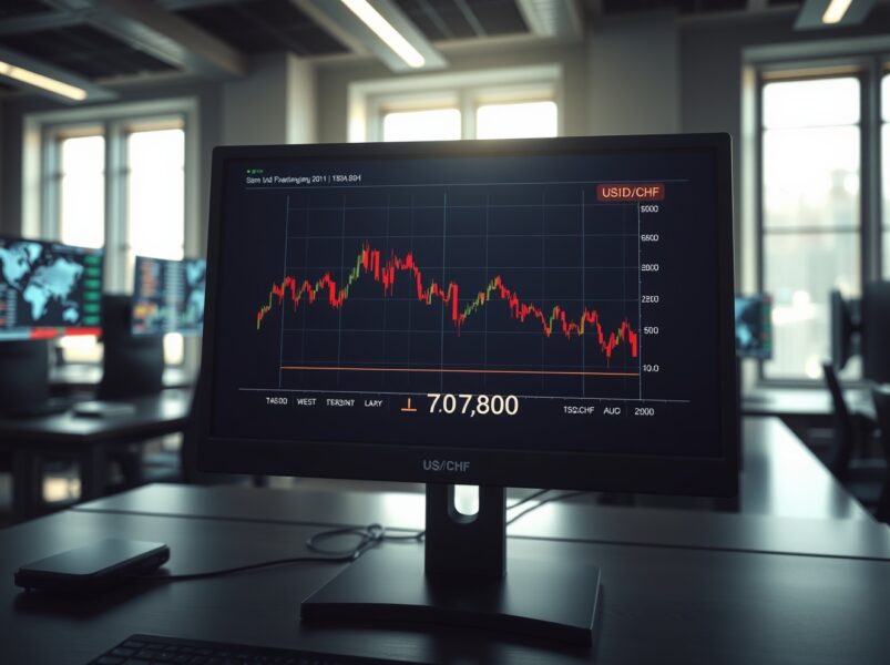 USD/CHF forex pair chart showing a sharp decline to 0.7800 on a trading desk monitor.
