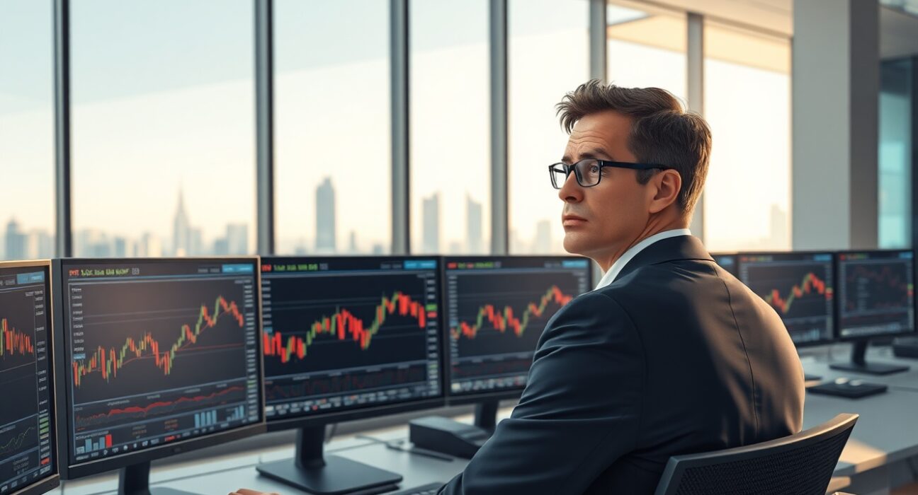 Trader analyzing USD/CHF exchange rate charts amid SNB intervention concerns in 2025 forex markets