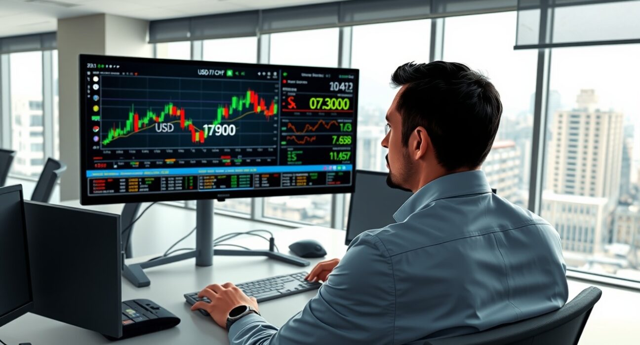 Forex trader in Zurich analyzes USD/CHF chart ahead of Federal Reserve and Swiss National Bank policy decisions.