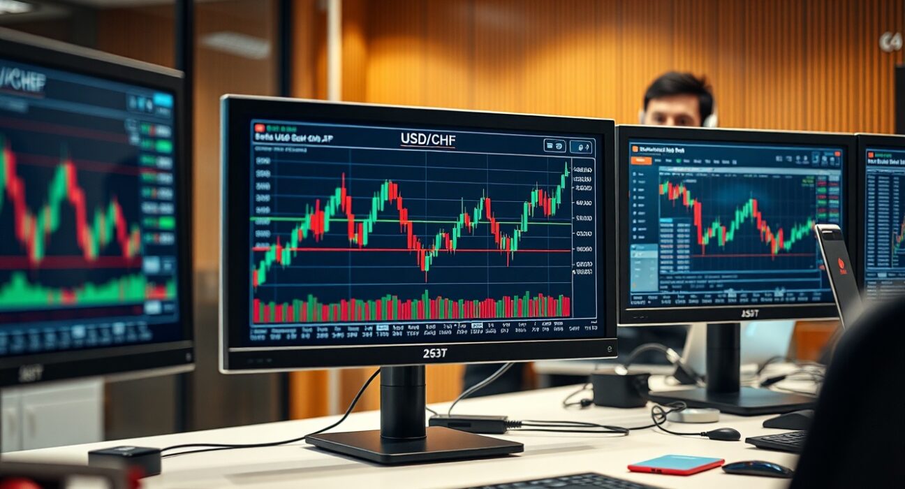 Financial trading desk with USD/CHF chart on monitor in professional office setting