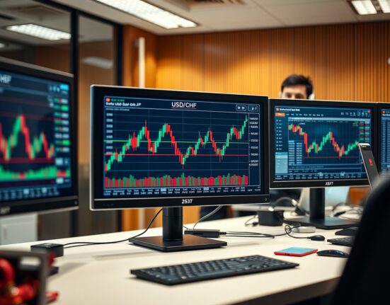 Financial trading desk with USD/CHF chart on monitor in professional office setting