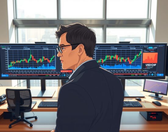 Financial analyst monitoring USD/CHF forex charts amid Middle East geopolitical developments