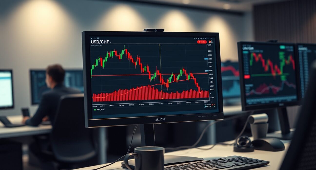 Trading desk monitors showing USD/CHF chart with lower Bollinger band test