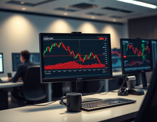 Trading desk monitors showing USD/CHF chart with lower Bollinger band test