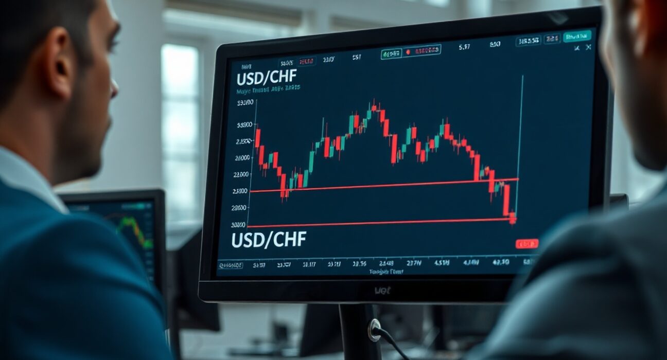 USD/CHF price chart showing trendline break and 50-day SMA on a trading monitor
