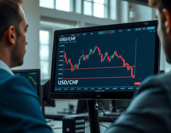 USD/CHF price chart showing trendline break and 50-day SMA on a trading monitor