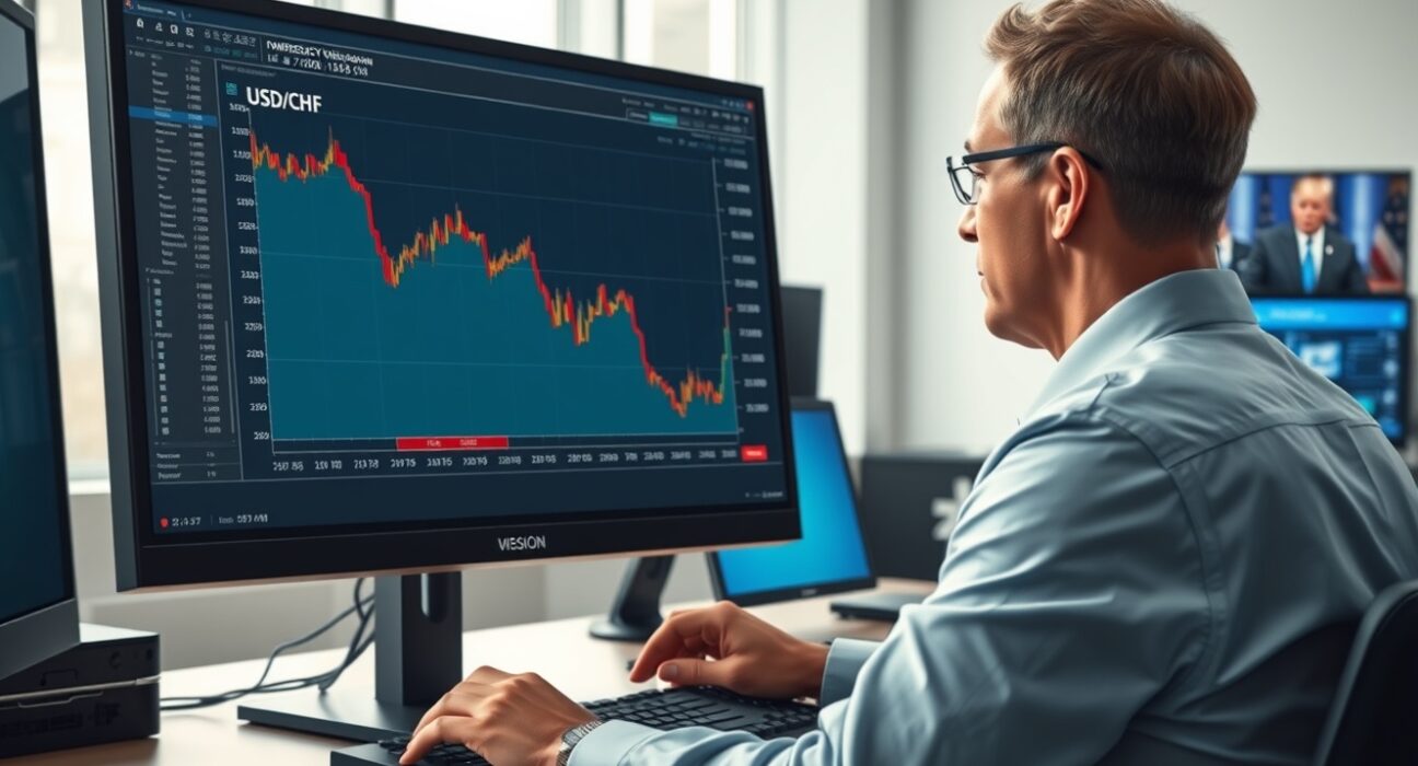 Trader analyzing USD/CHF forex chart crashing below 0.7900 after Trump's geopolitical announcement.