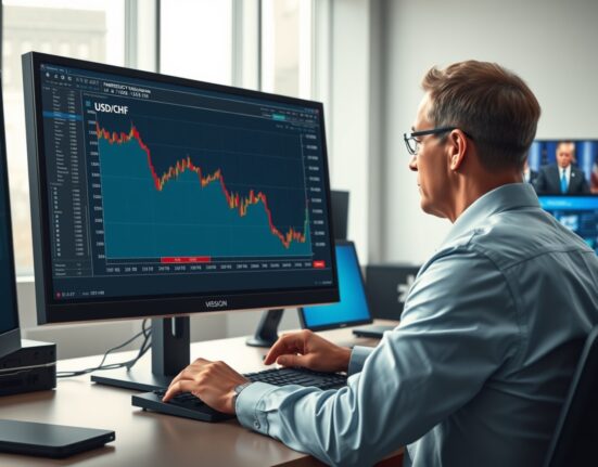 Trader analyzing USD/CHF forex chart crashing below 0.7900 after Trump's geopolitical announcement.