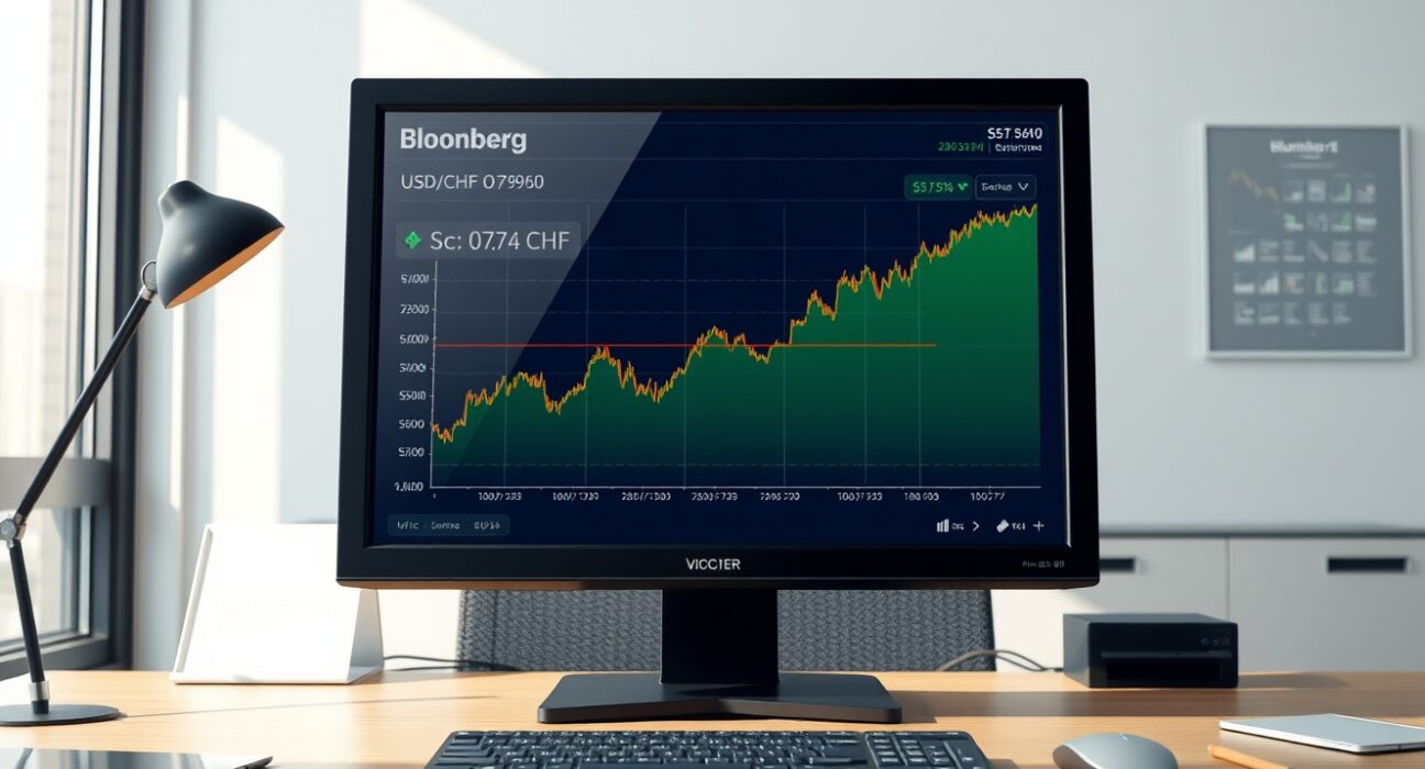 USD/CHF currency pair chart showing surge to 0.7960 on trading terminal in Zurich financial district