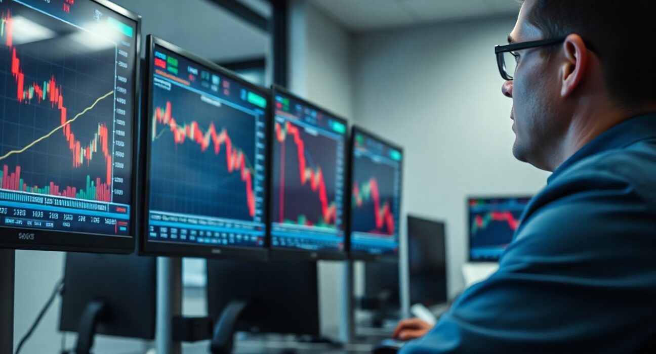 Financial analyst watching USD/CHF forex chart showing decline on multiple screens in a trading floor