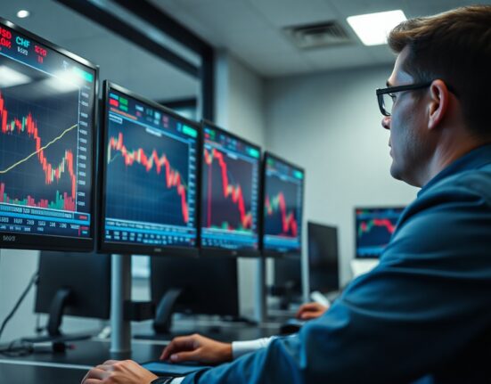 Financial analyst watching USD/CHF forex chart showing decline on multiple screens in a trading floor