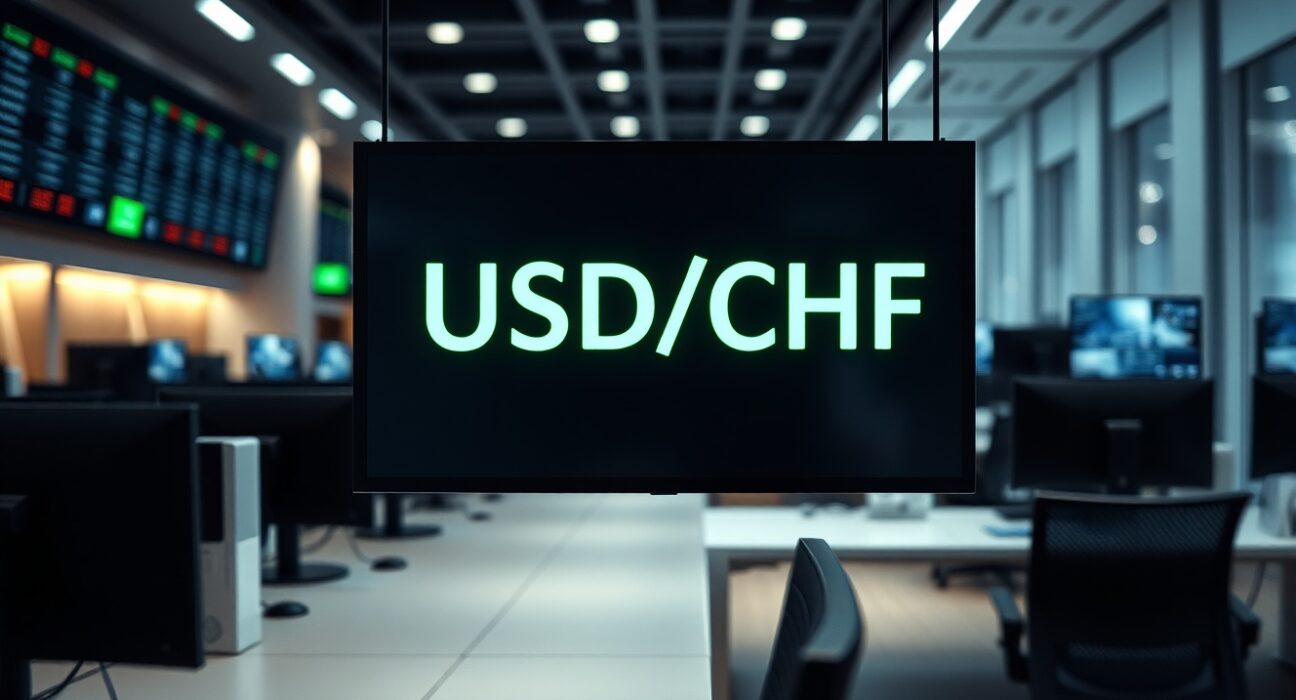 Digital trading screen showing USD/CHF exchange rate declining against a backdrop of financial data
